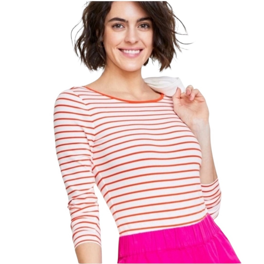 ON 34TH Women's Orange-White Striped Scoop-Neck Long Sleeve Bodysuit SZ XL
